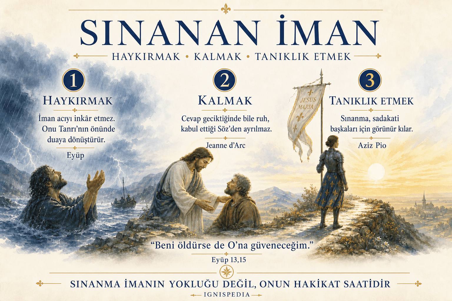Sınanmış imanın üç hareketinin infografiği: haykırmak, kalmak ve tanıklık etmek