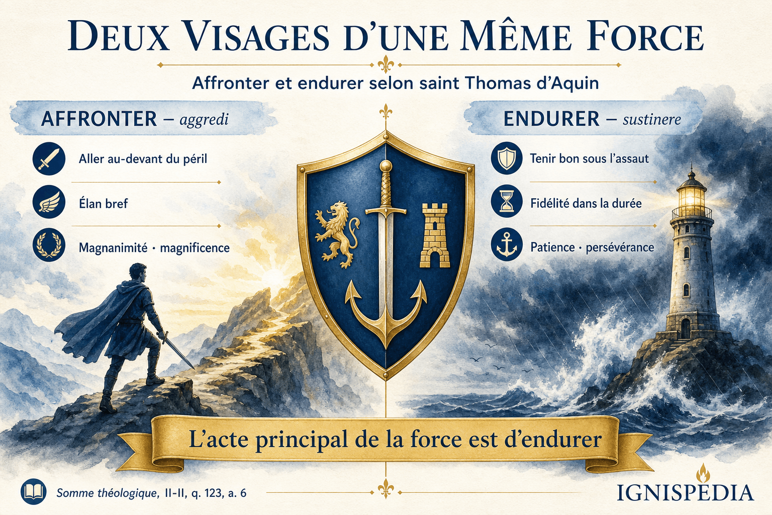 Infographie comparant affronter et endurer, les deux actes de la force selon saint Thomas d'Aquin