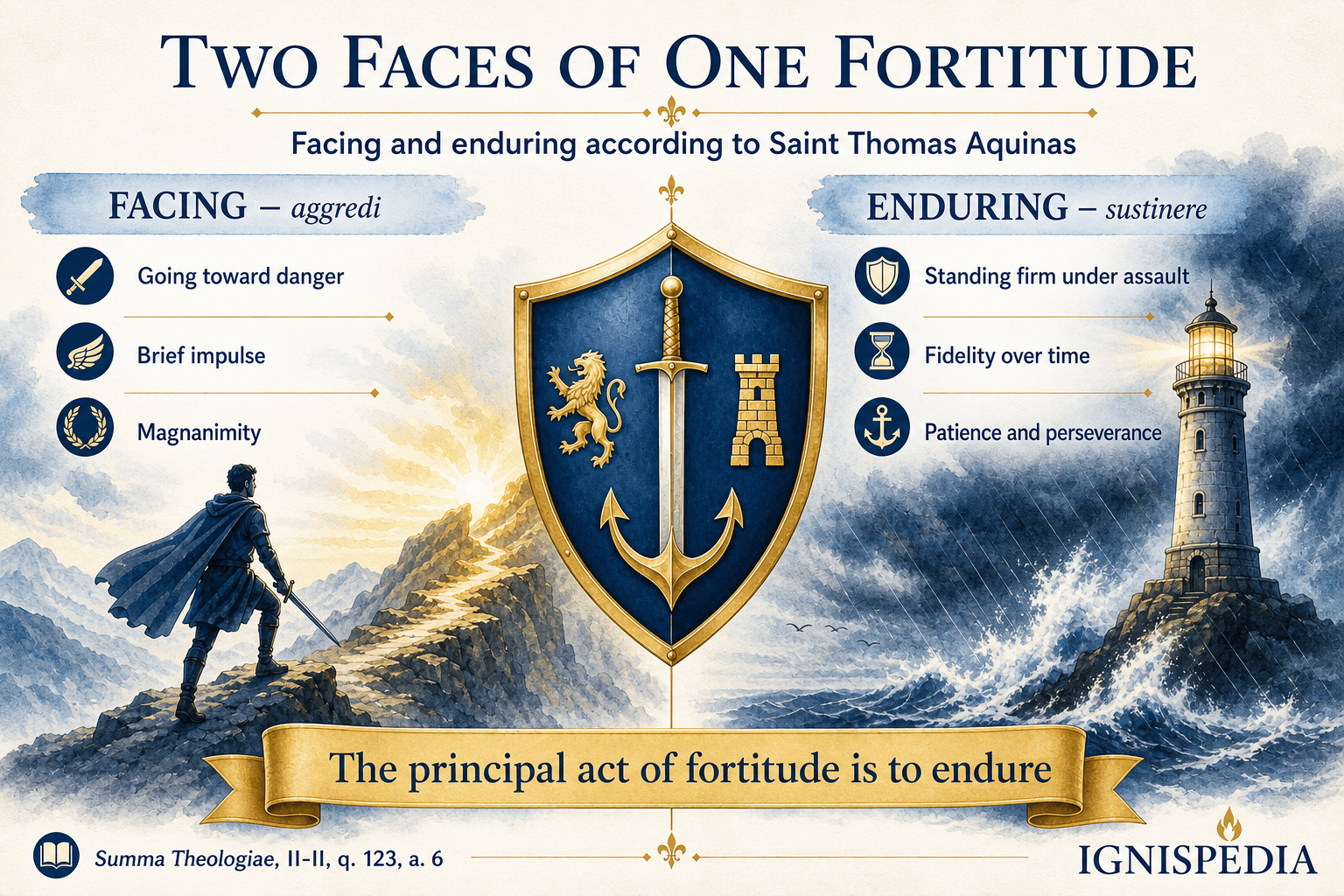 Infographic comparing facing and enduring, the two acts of fortitude according to Saint Thomas Aquinas