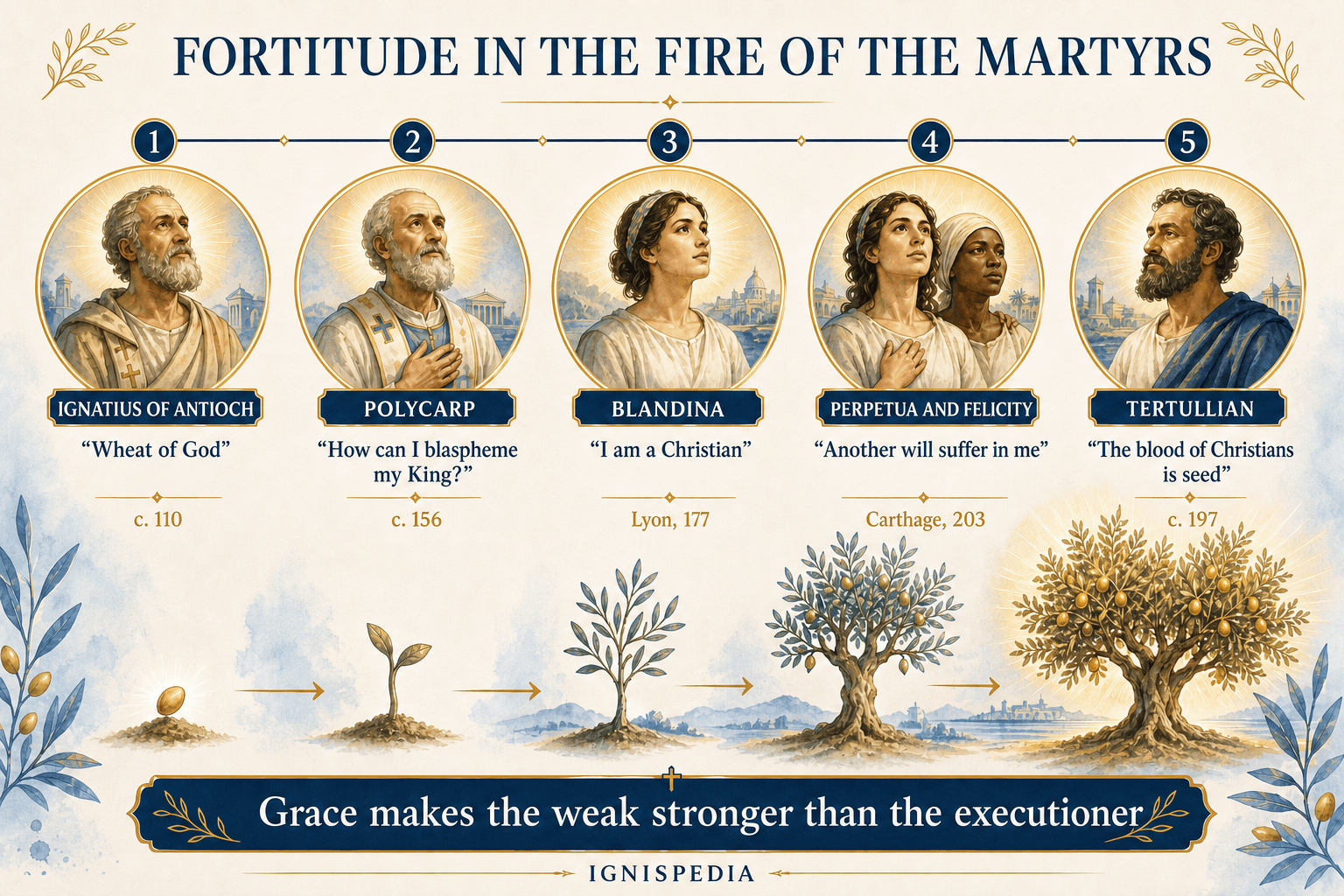 Timeline of testimonies from Ignatius of Antioch, Polycarp, Blandina, Perpetua, Felicity, and Tertullian