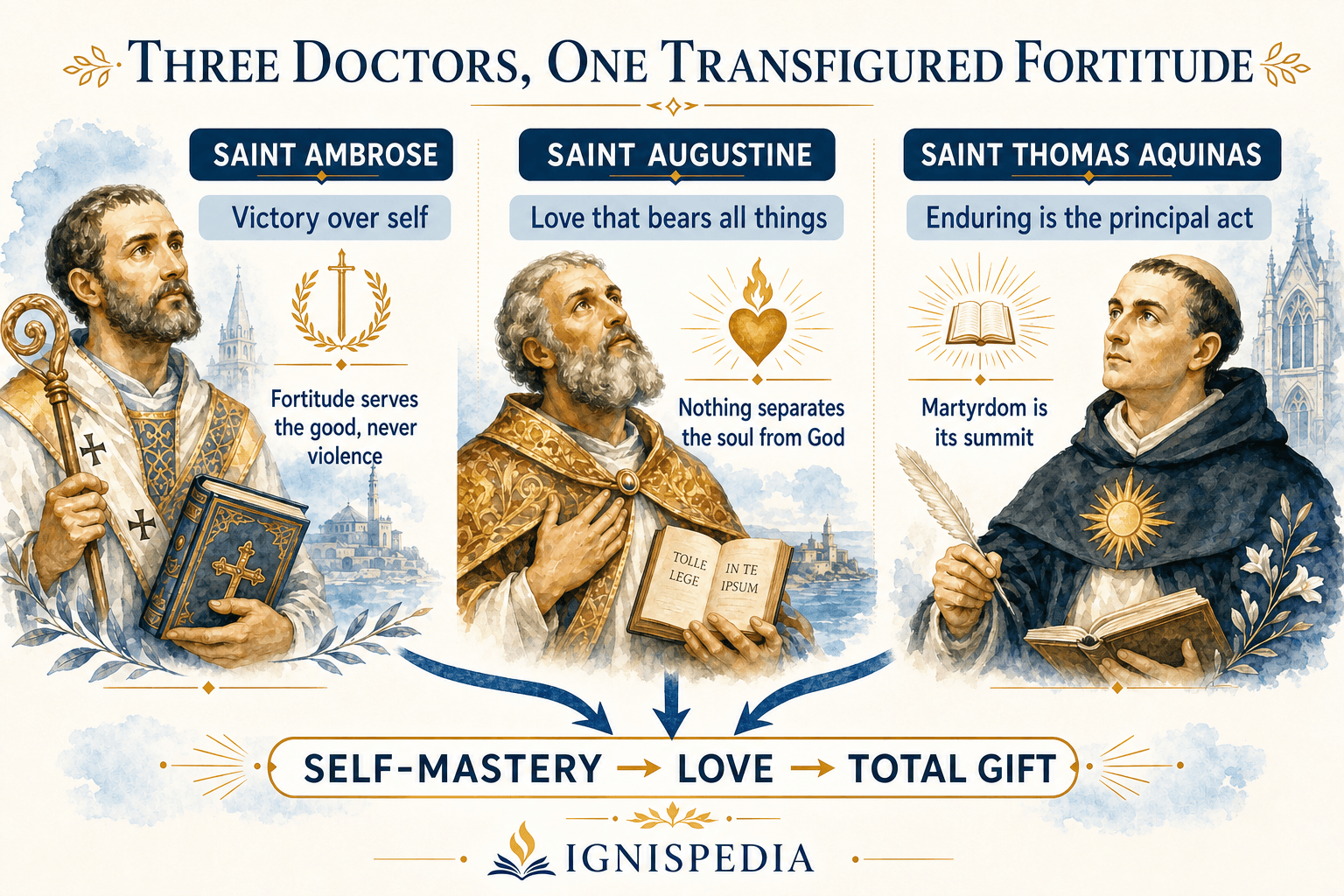 Infographic presenting Saint Ambrose, Saint Augustine, and Saint Thomas Aquinas and their definition of fortitude