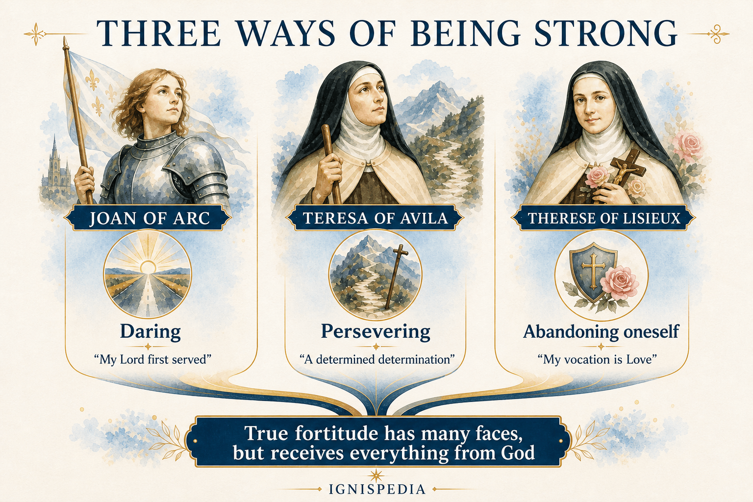 Infographic presenting three ways of being strong in Joan of Arc, Teresa of Avila, and Thérèse of Lisieux