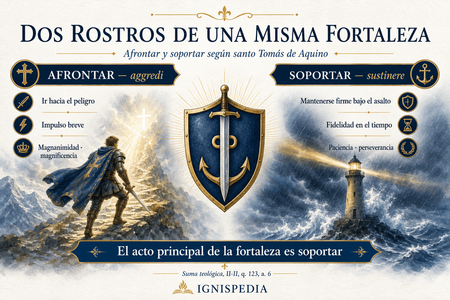 Infografía que compara afrontar y perseverar, los dos actos de la fortaleza según santo Tomás de Aquino