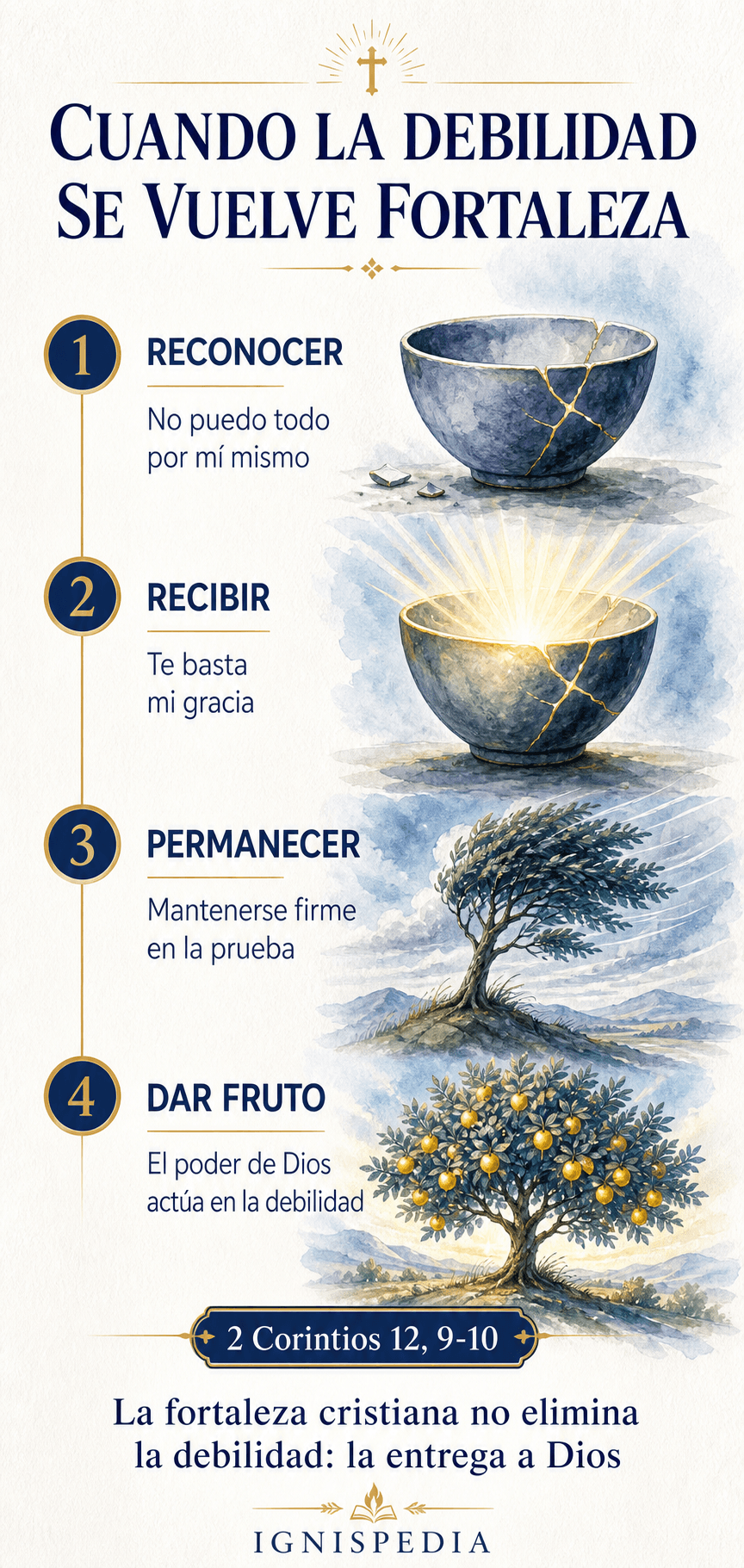 Infografía que muestra cómo la debilidad reconocida, entregada a Dios y fiel en la prueba se vuelve fecunda