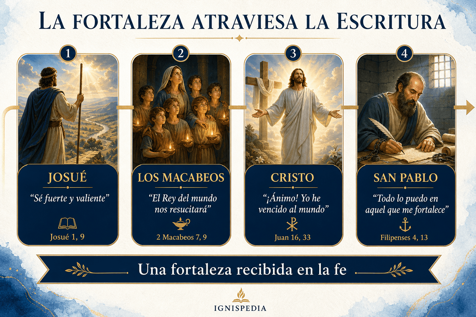 Infografía que recorre la fortaleza en la Escritura, desde Josué y los Macabeos hasta Cristo y san Pablo