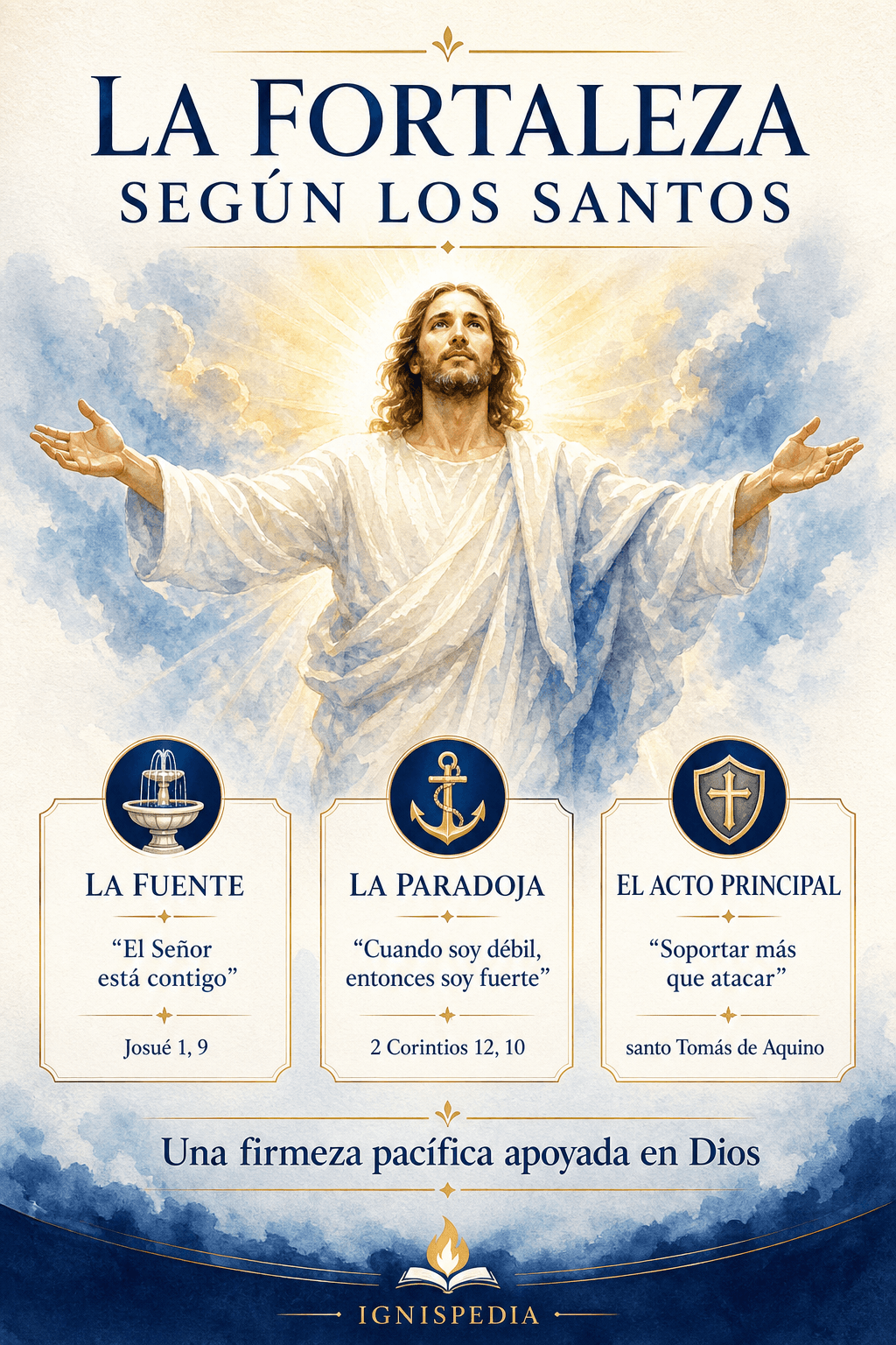 Infografía que resume la fortaleza según los santos: su fuente en Dios, su paradoja en la debilidad y el primado de la resistencia