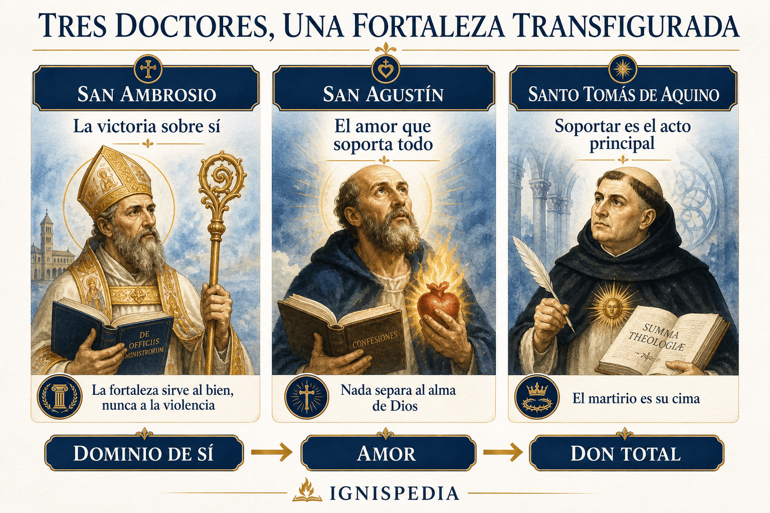 Infografía que presenta a san Ambrosio, san Agustín y santo Tomás de Aquino y su definición de la fortaleza