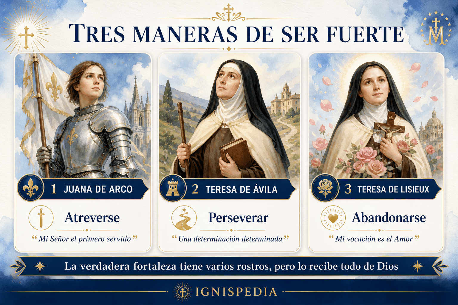 Infografía que presenta tres maneras de ser fuerte en Juana de Arco, Teresa de Ávila y Teresa de Lisieux