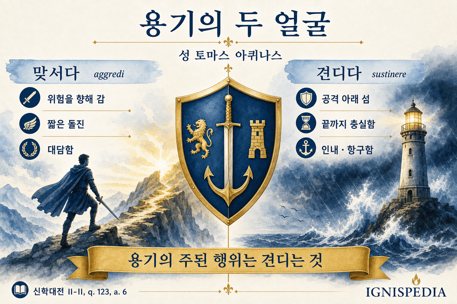 성 토마스 아퀴나스에 따른 용기의 두 행위, 맞서기와 견디기를 비교한 인포그래픽
