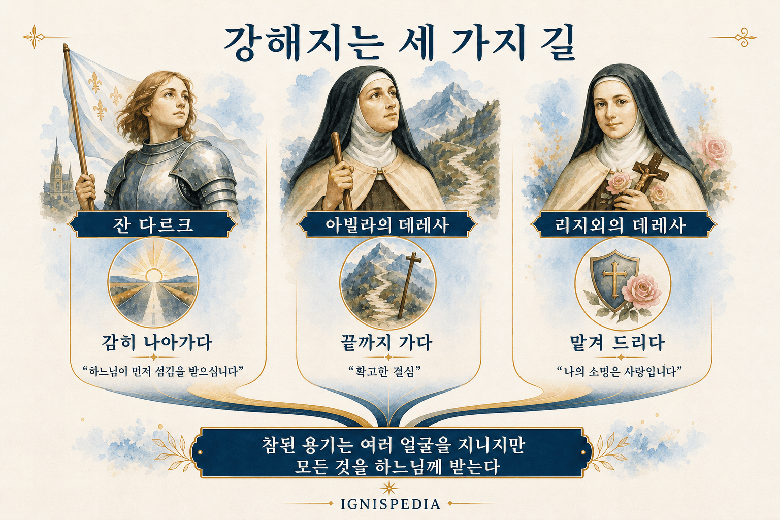 잔 다르크, 아빌라의 데레사, 리지외의 데레사에서 나타나는 세 가지 용기의 모습 인포그래픽