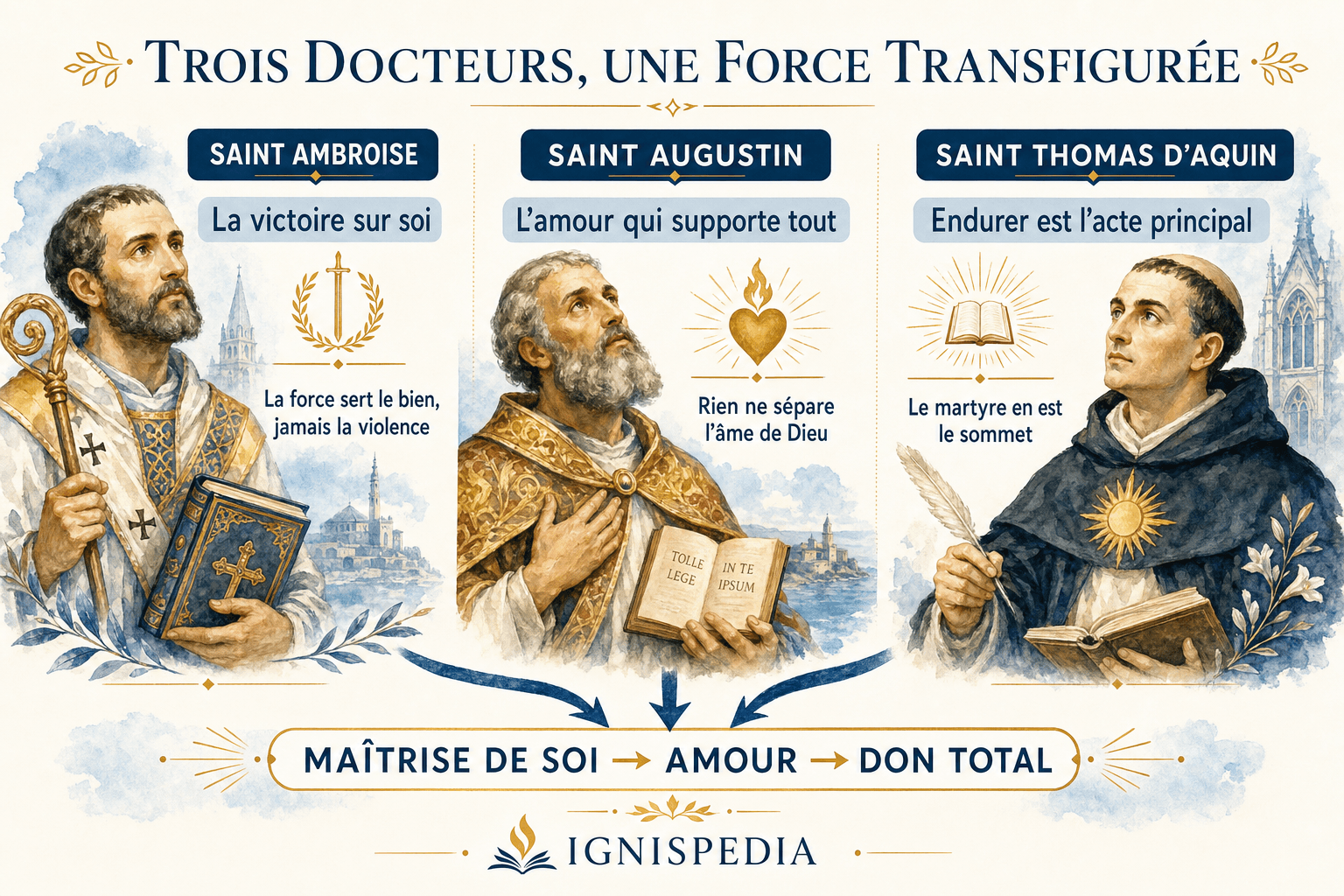Infographie présentant saint Ambroise, saint Augustin et saint Thomas d'Aquin et leur définition de la force