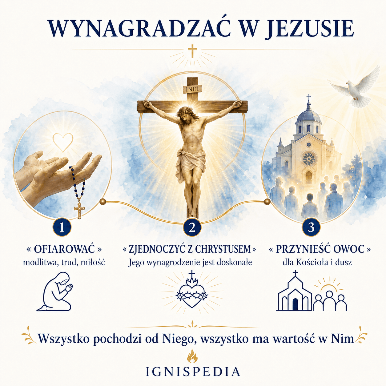 Schemat w trzech etapach: ofiarować, zjednoczyć z Chrystusem i przynosić owoce dla Kościoła i dusz