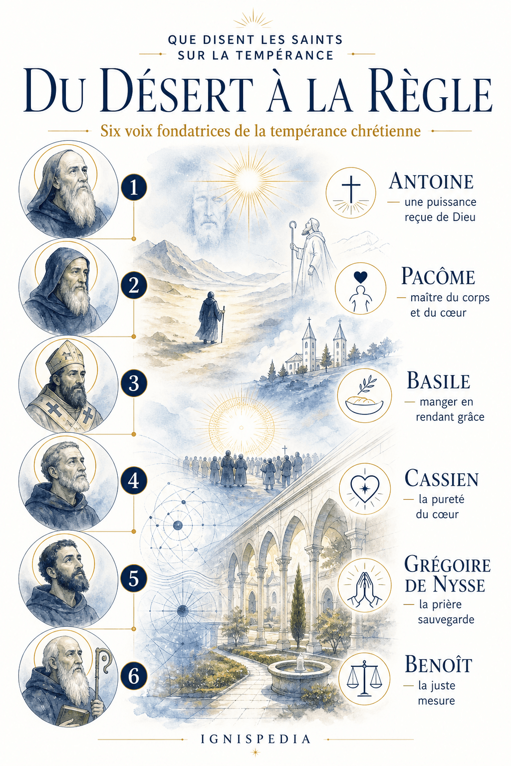 Frise illustrée des six voix fondatrices de la tempérance chrétienne, d'Antoine le Grand à saint Benoît