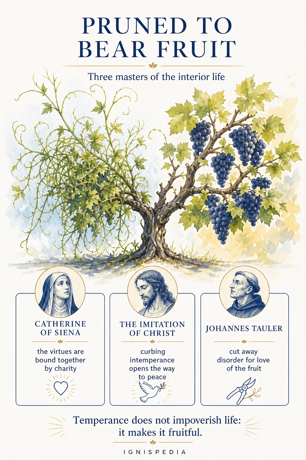 Vine half disordered and half pruned and fruitful, with Catherine of Siena, the Imitation of Christ, and John Tauler