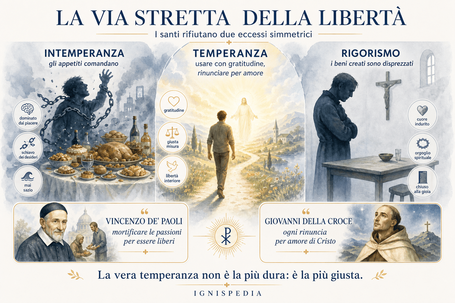 Trittico che confronta l’intemperanza, la temperanza e il rigorismo, con san Vincenzo de’ Paoli e san Giovanni della Croce