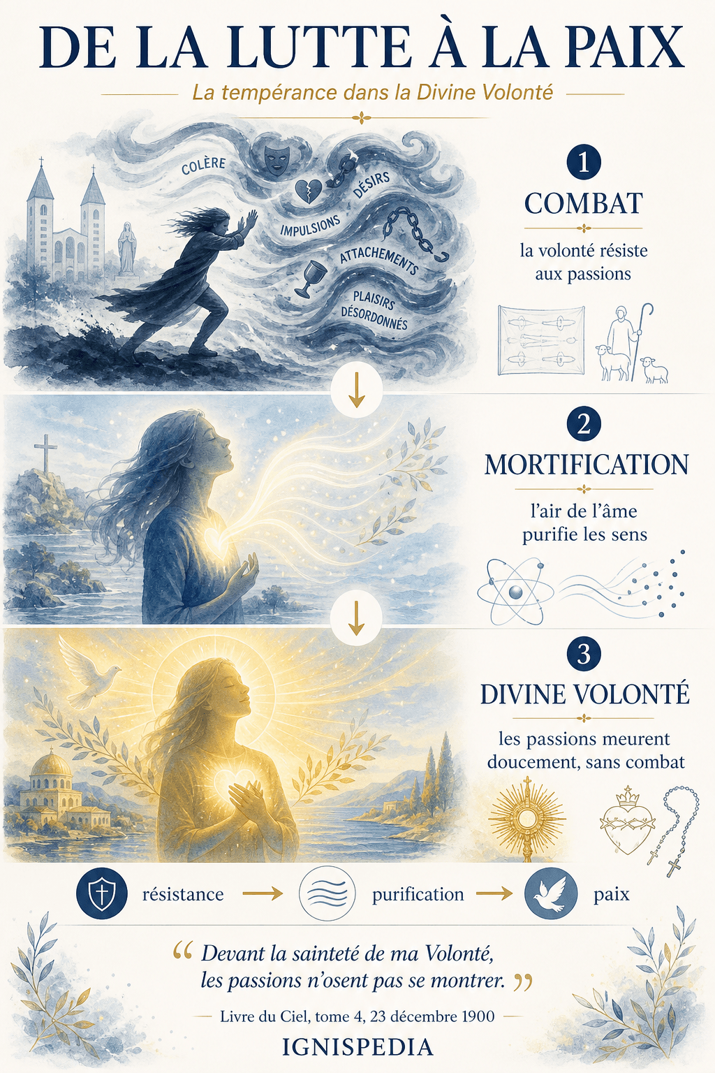 Parcours illustré du combat contre les passions à leur purification puis à la paix dans la Divine Volonté