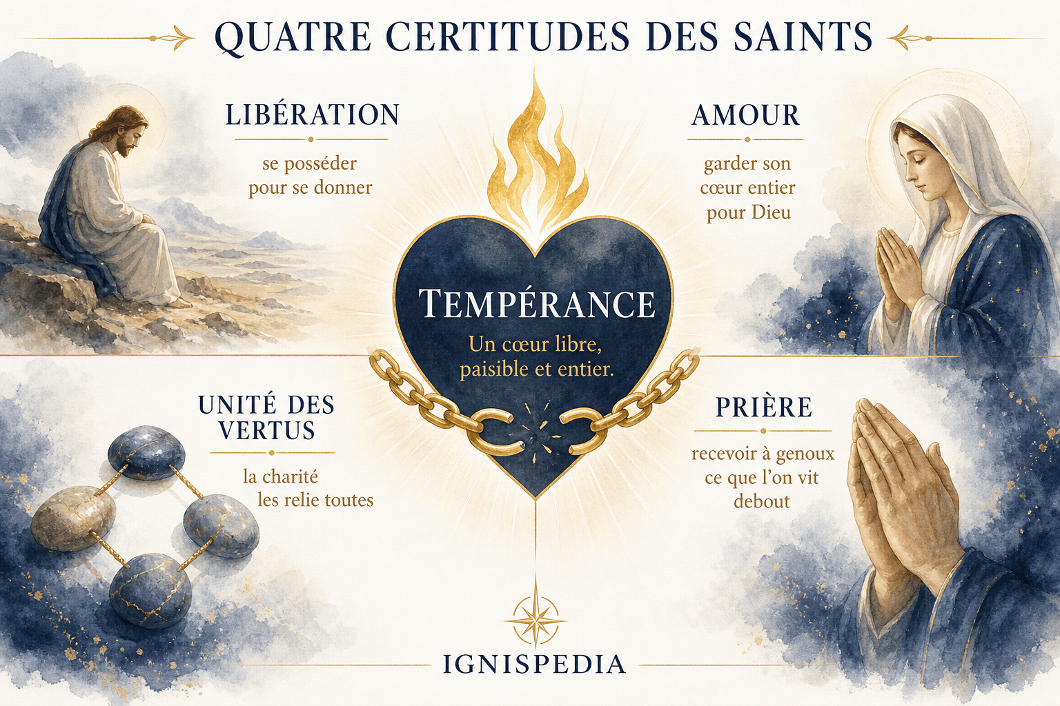 Synthèse illustrée des quatre certitudes des saints sur la tempérance : libération, amour, unité des vertus et prière