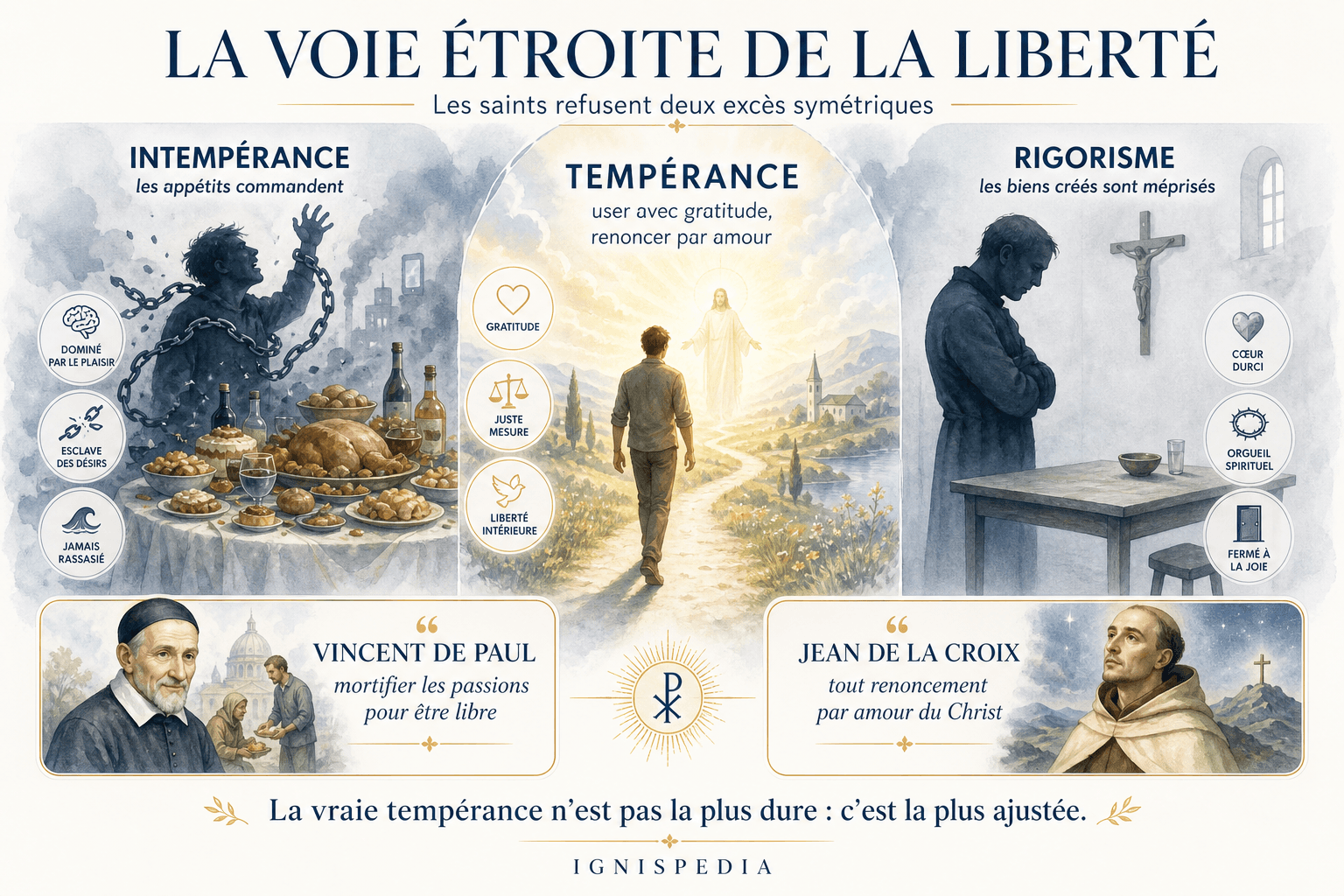 Triptyque comparant l'intempérance, la tempérance et le rigorisme, avec saint Vincent de Paul et saint Jean de la Croix
