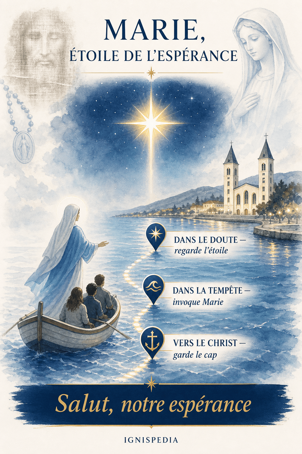Marie, Étoile de l'espérance, guidant une barque vers le Christ