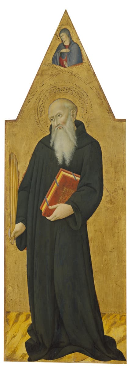 San Benedetto da Norcia in abito nero, con in mano la regola e un fascio di verghe