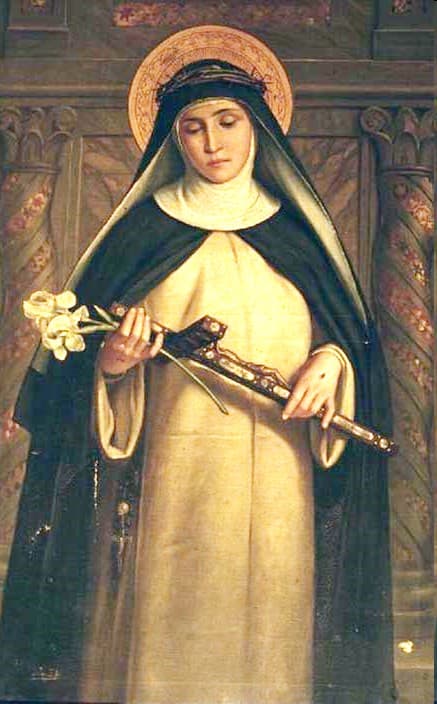 Santa Caterina da Siena in abito domenicano, con in mano un giglio e un crocifisso