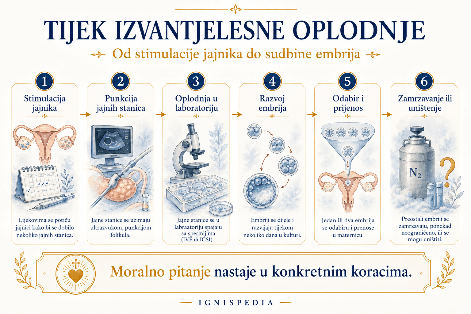 Infografika u šest koraka koja prikazuje tijek FIV-a, od stimulacije jajnika do smrzavanja ili uništenja embrija