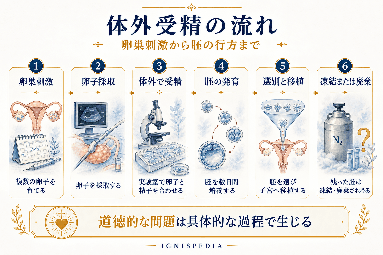 卵巣刺激から胚の凍結・破壊まで、FIVの流れを六段階で示すインフォグラフィック
