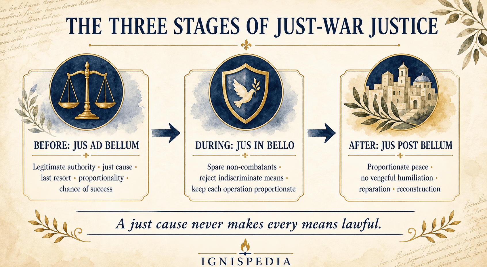 Infographic explaining jus ad bellum, jus in bello, and jus post bellum: justice before, during, and after war