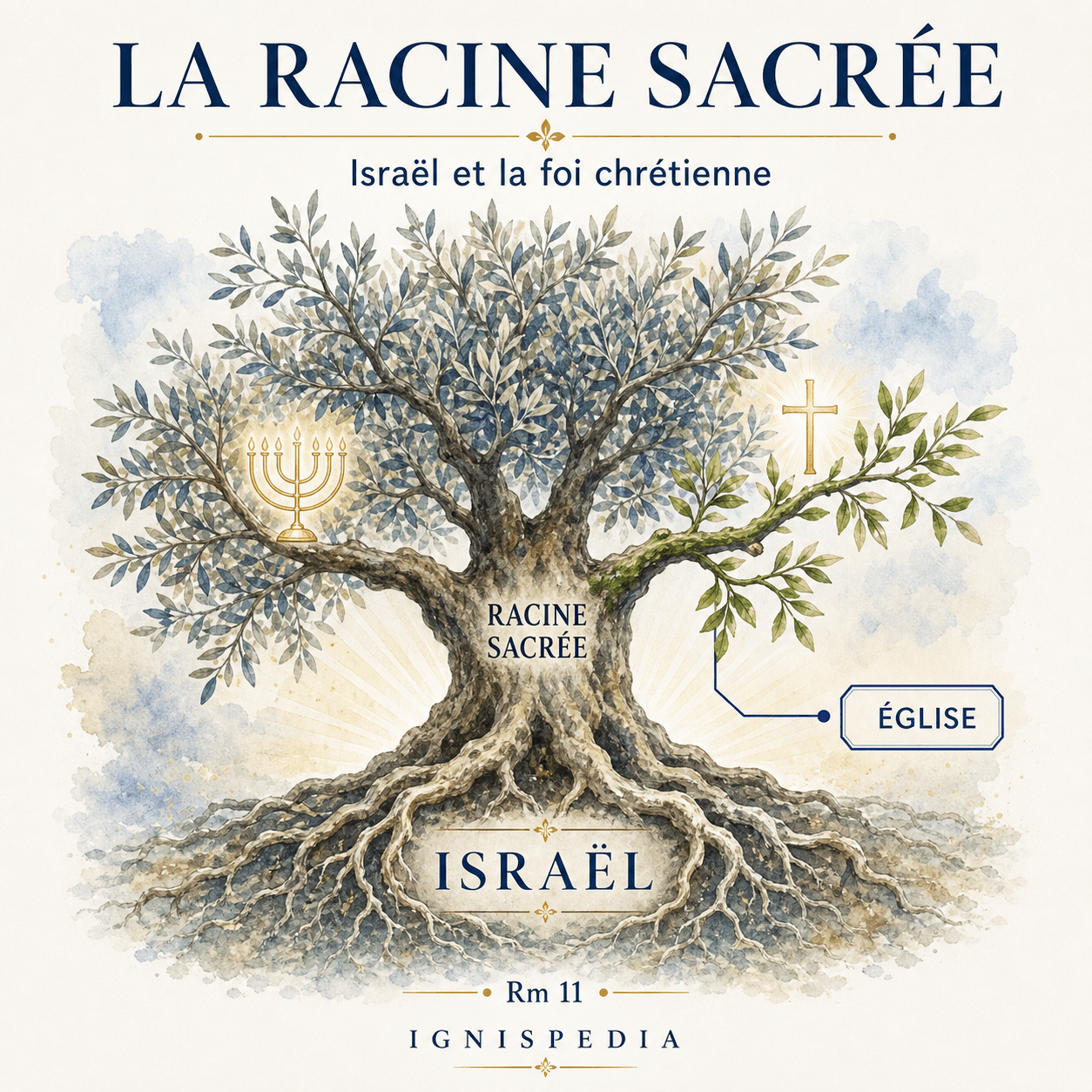 An olive tree symbolizing Israel as the sacred root of the Christian faith, with the Church represented as a grafted branch