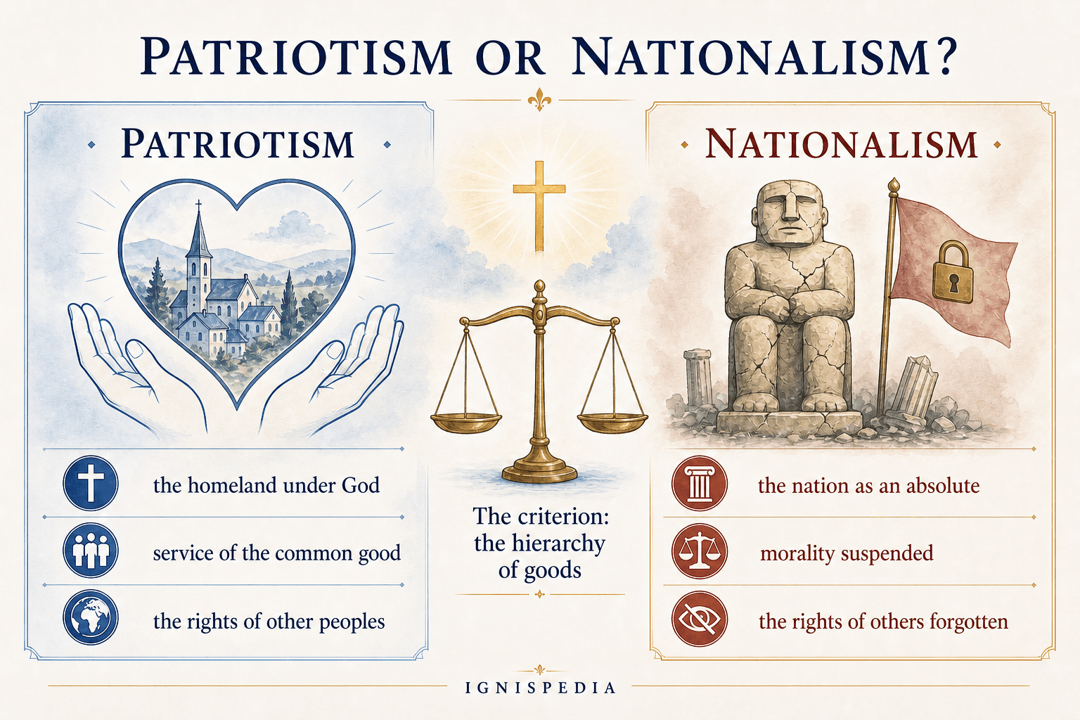 Infographic comparing patriotism (virtue) and nationalism (vice)