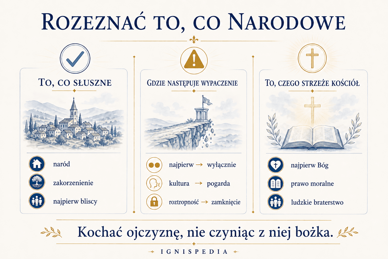 Infografika rozeznająca to, co słuszne w przywiązaniu narodowym, to, co ulega wypaczeniu, oraz to, czego strzeże Kościół