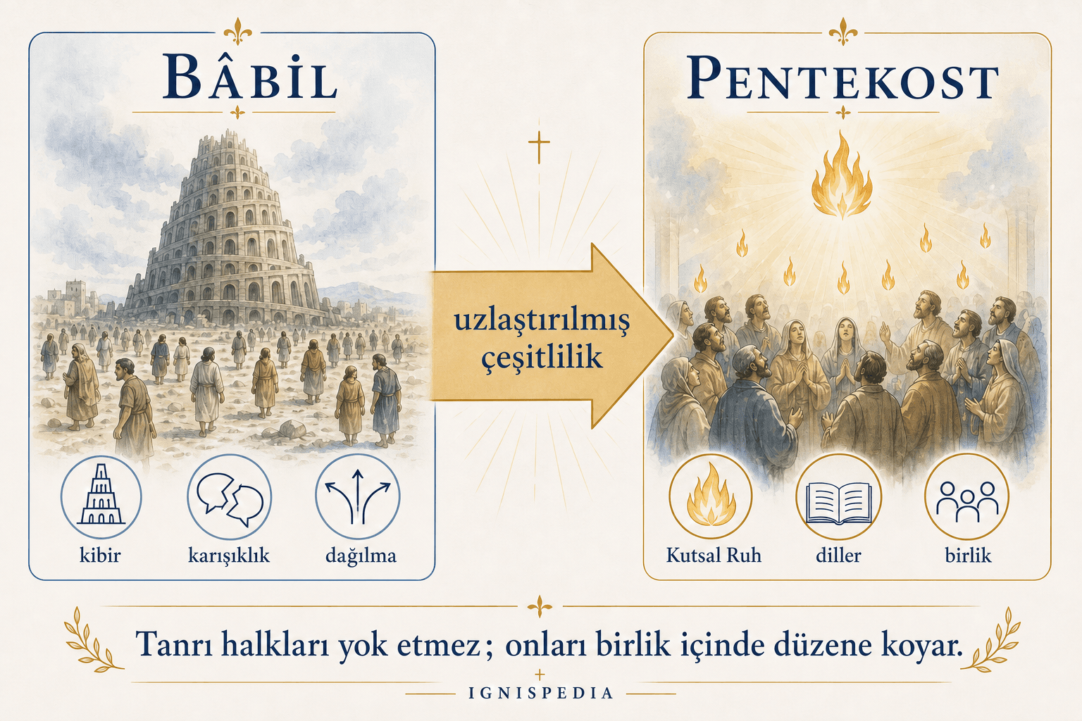 Tipolojik diyagram: Babil'de halkların dağılması (Yar 11) ve Pentekost'ta dillerin çeşitliliği içinde yeniden bir araya gelmeleri (Elç 2)