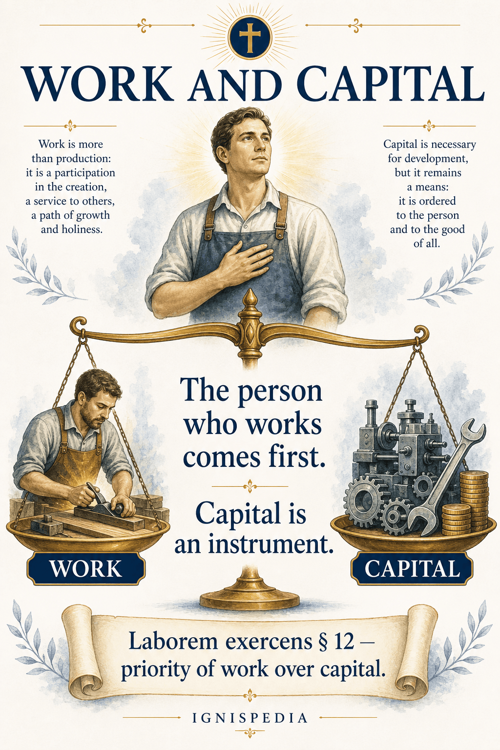 Infographic — the priority of work over capital: the person who works is the first cause, capital is only an instrument at his service