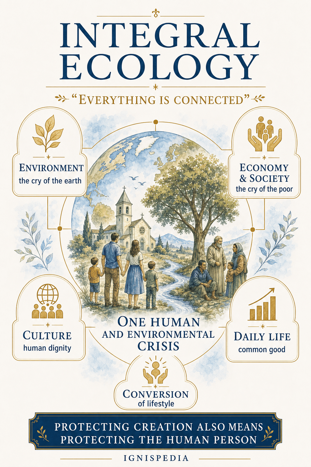 Infographic: the dimensions of integral ecology according to Laudato si' — environment, economy and society, culture, and daily life