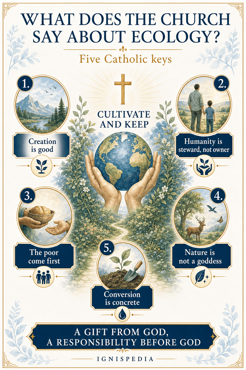 Synthesis infographic: the Catholic position on ecology — a gift to keep, between exploitation and divinization