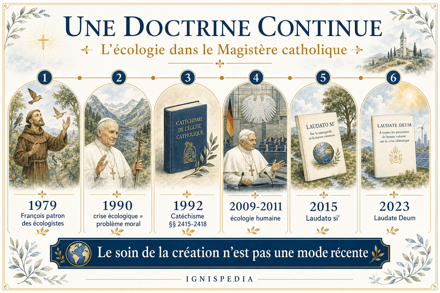 Frise de la continuité du Magistère catholique sur l'écologie, de saint François patron des écologistes à Laudate Deum