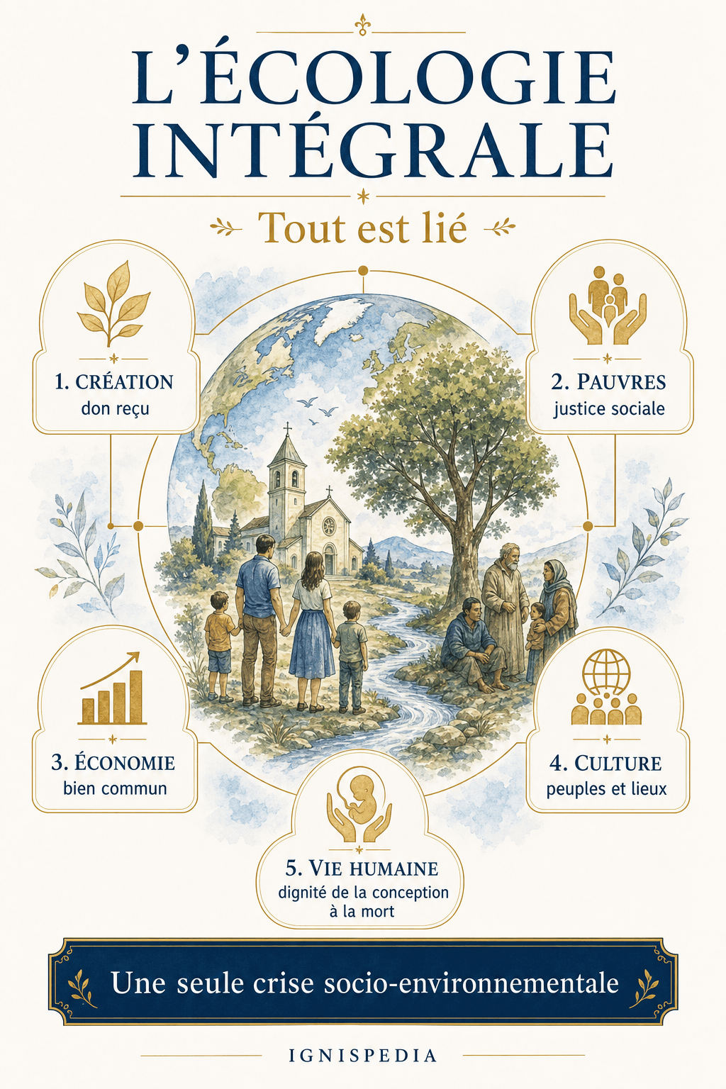 Infographie : les quatre dimensions de l'écologie intégrale selon Laudato si' — environnementale, économique et sociale, culturelle, et de la vie quotidienne