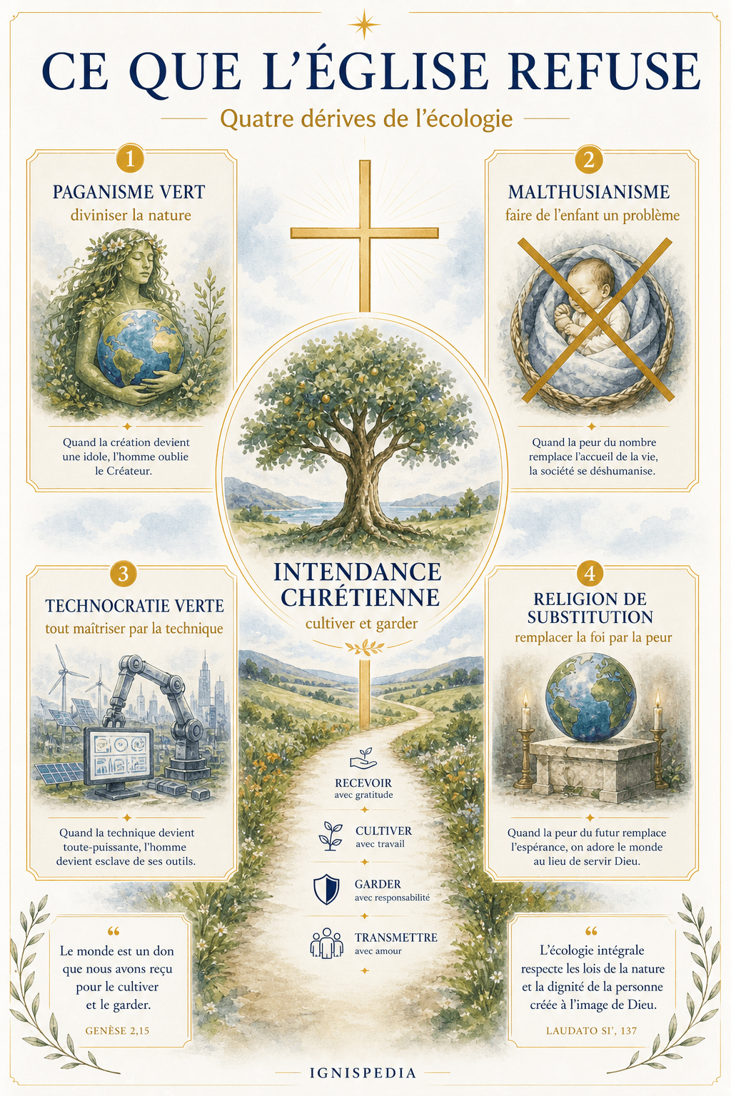 Infographie : les quatre dérives de l'écologie que l'Église refuse — paganisme vert, malthusianisme, technocratie verte, religion de substitution