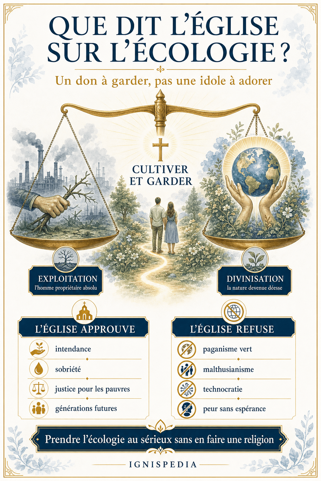 Infographie de synthèse : la position catholique sur l'écologie — un don à garder, entre exploitation et divinisation, ce que l'Église approuve et ce qu'elle refuse