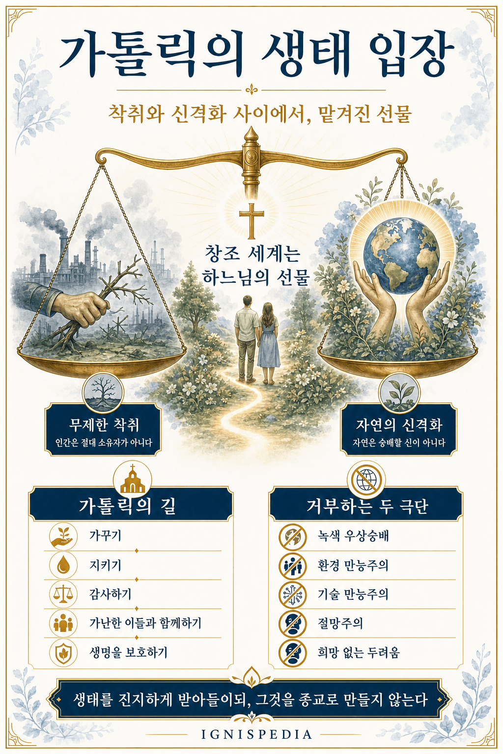생태에 관한 가톨릭 입장 요약 인포그래픽: 착취와 신격화 사이에서 지켜야 할 맡겨진 선물