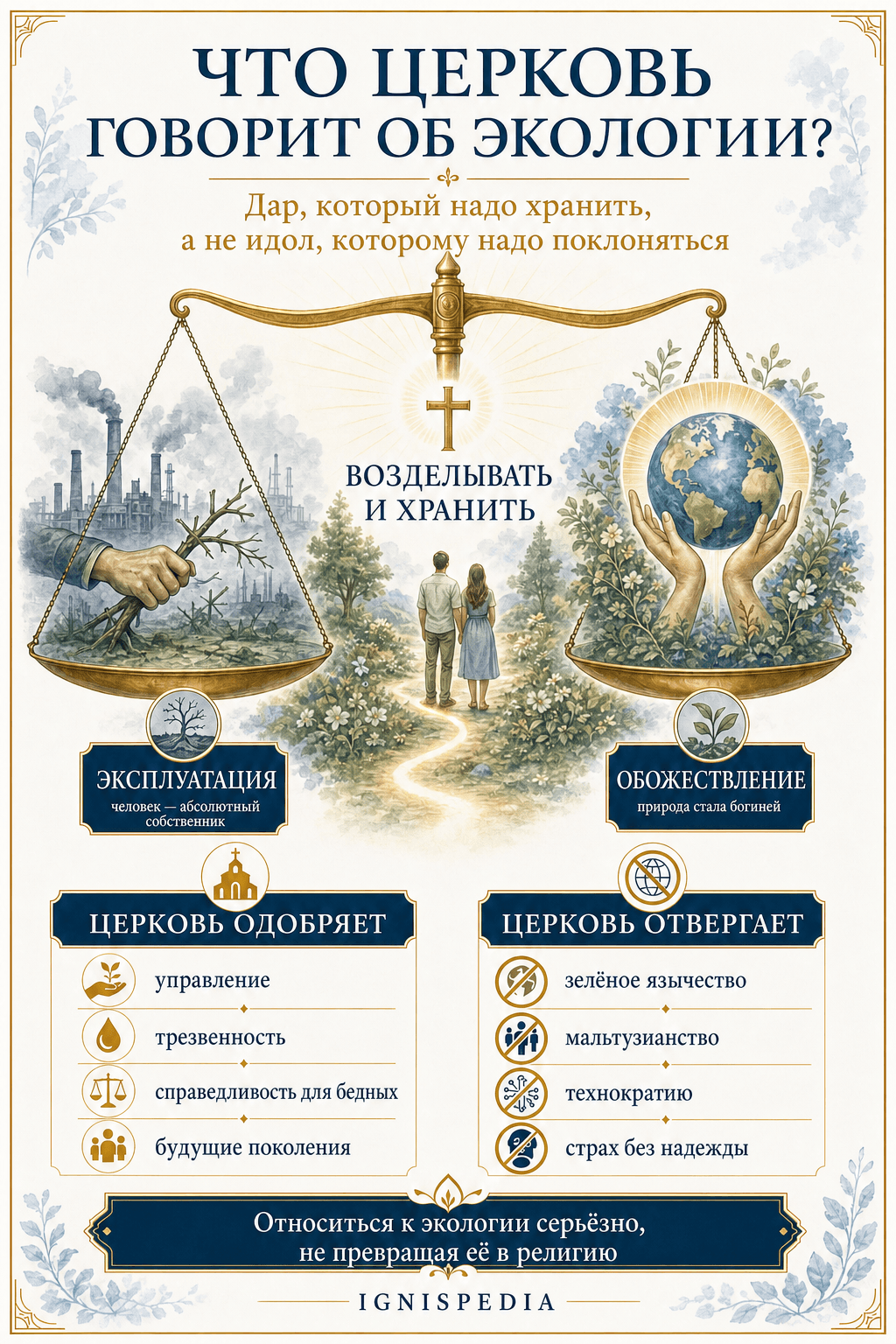 Синтетическая инфографика: католическая позиция об экологии — дар, который надо хранить, между эксплуатацией и обожествлением