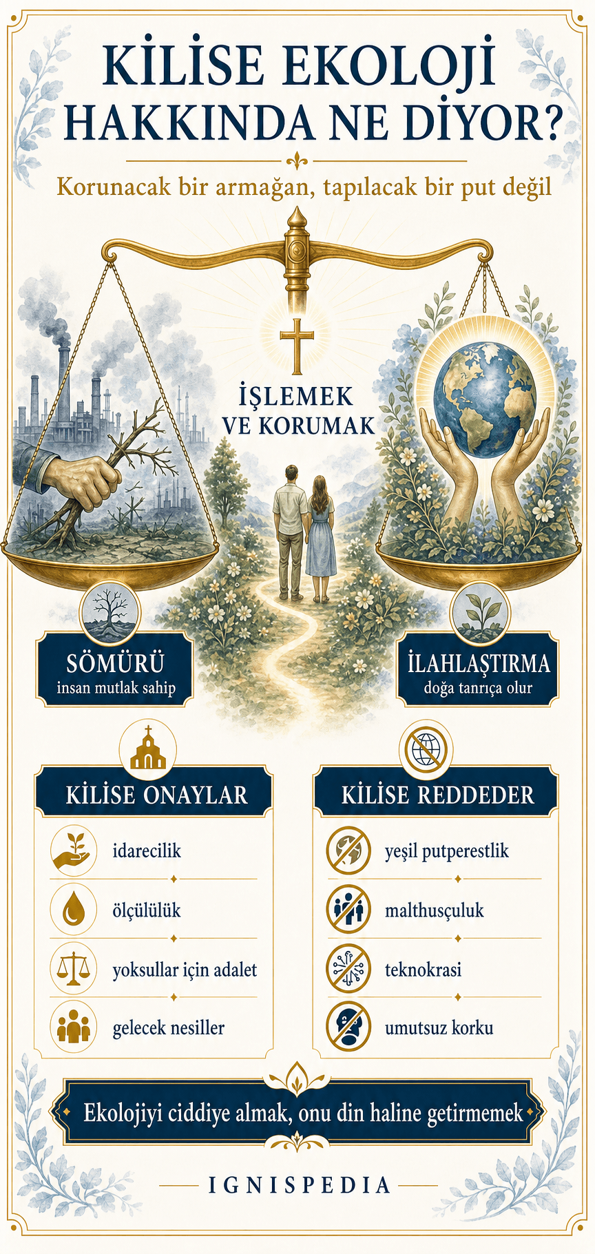 Sentez infografiği: ekoloji konusunda Katolik tutum — sömürü ile ilahlaştırma arasında korunacak bir armağan