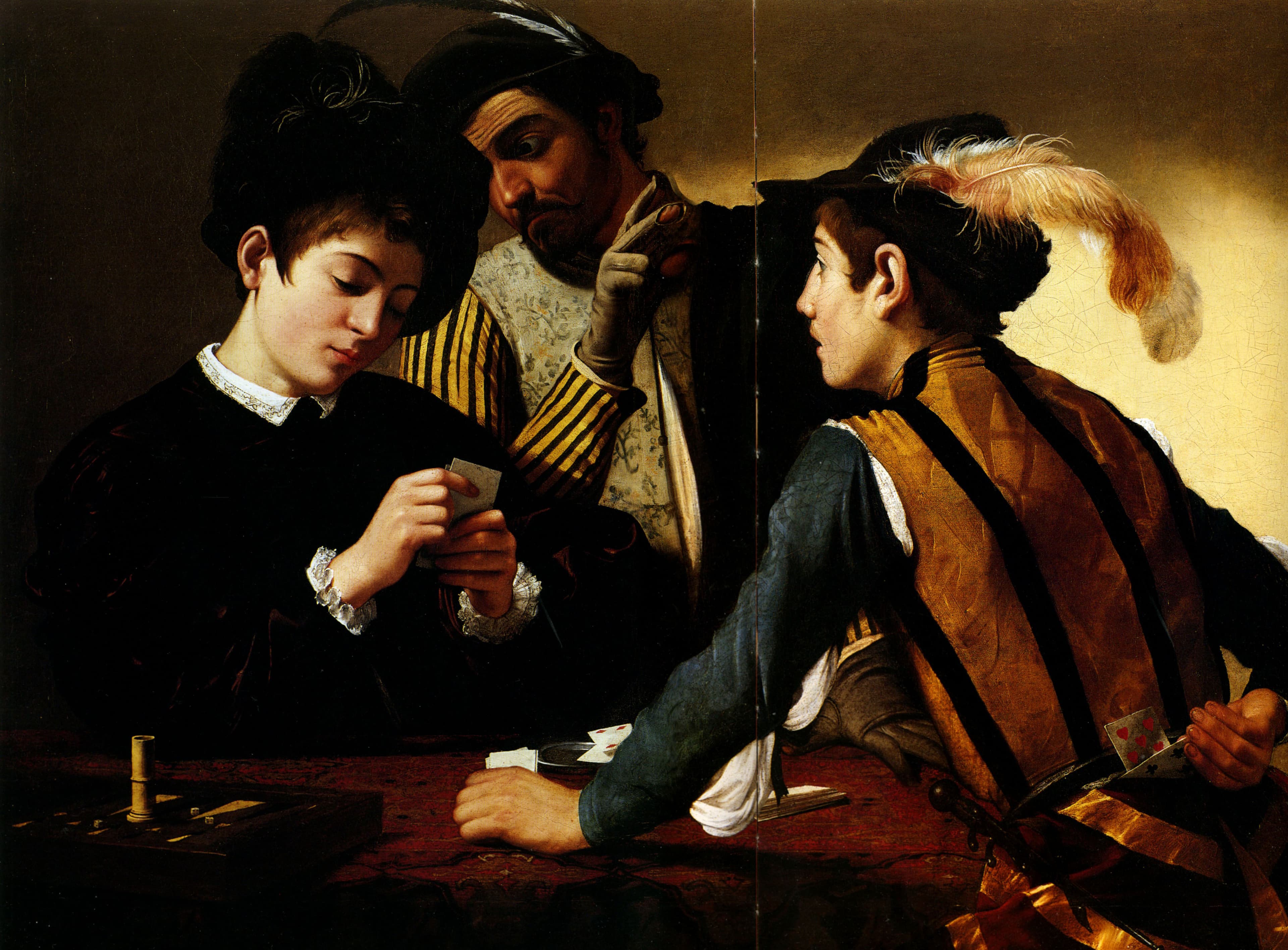 Os Batoteiros de Caravaggio: um jogador esconde cartas atrás das costas