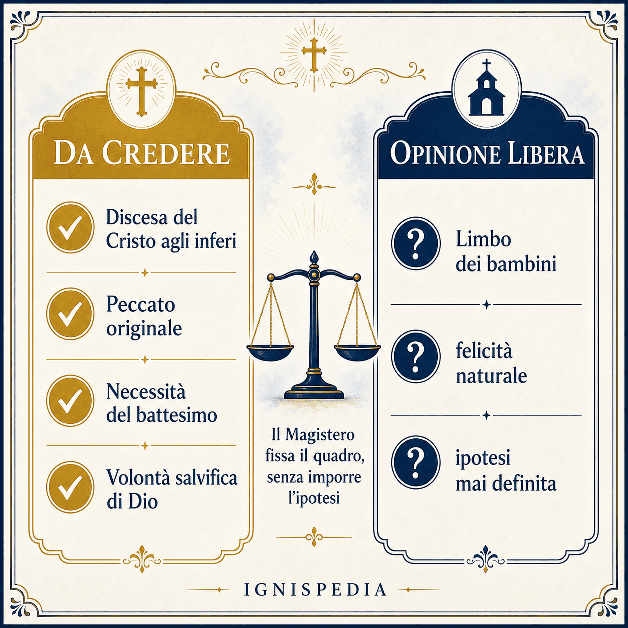 Infografica sullo status dottrinale del limbo: ciò che è da credere (limbo dei Padri, peccato originale, necessità del battesimo) e ciò che resta libero (limbo dei bambini)