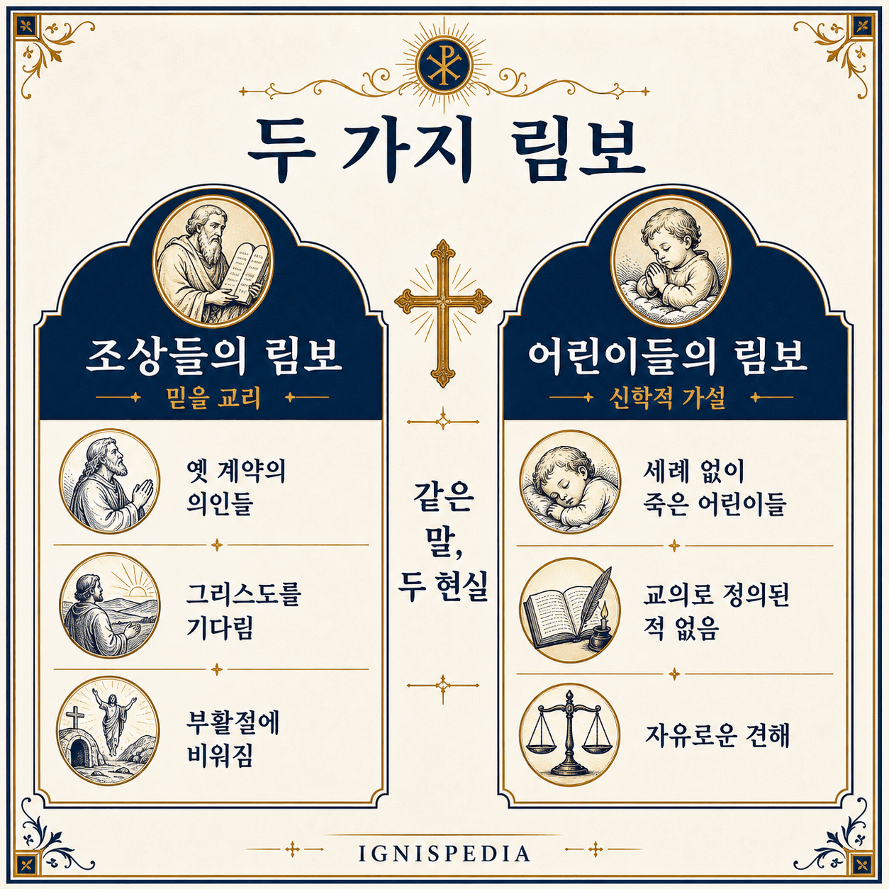 조상들의 림보(믿을 교리, 부활절에 비워짐)와 어린이들의 림보(정의된 적 없는 신학적 가설)를 비교하는 한국어 인포그래픽