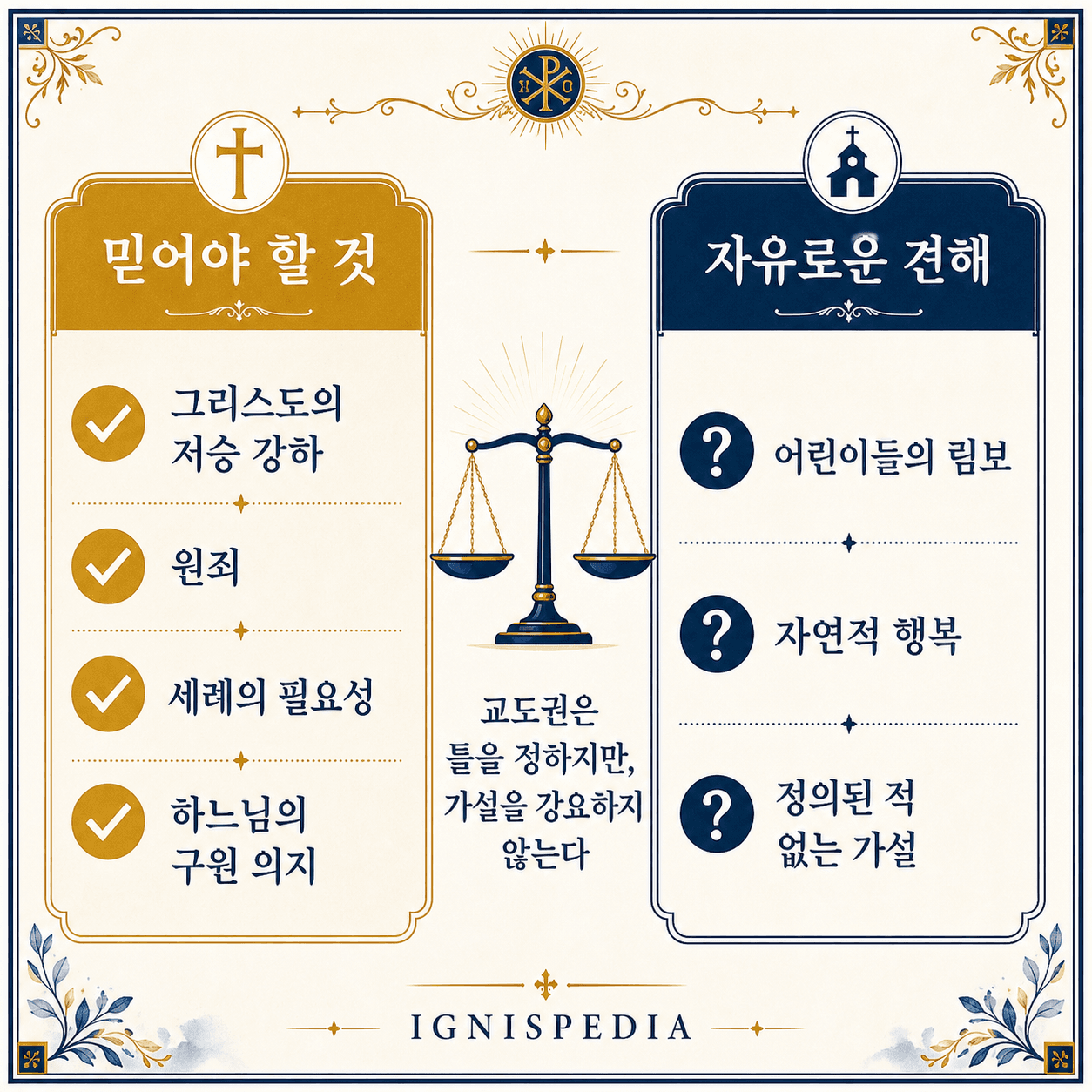 림보의 교리적 지위를 보여 주는 한국어 인포그래픽: 믿어야 할 진리와 자유로운 신학적 견해의 구분