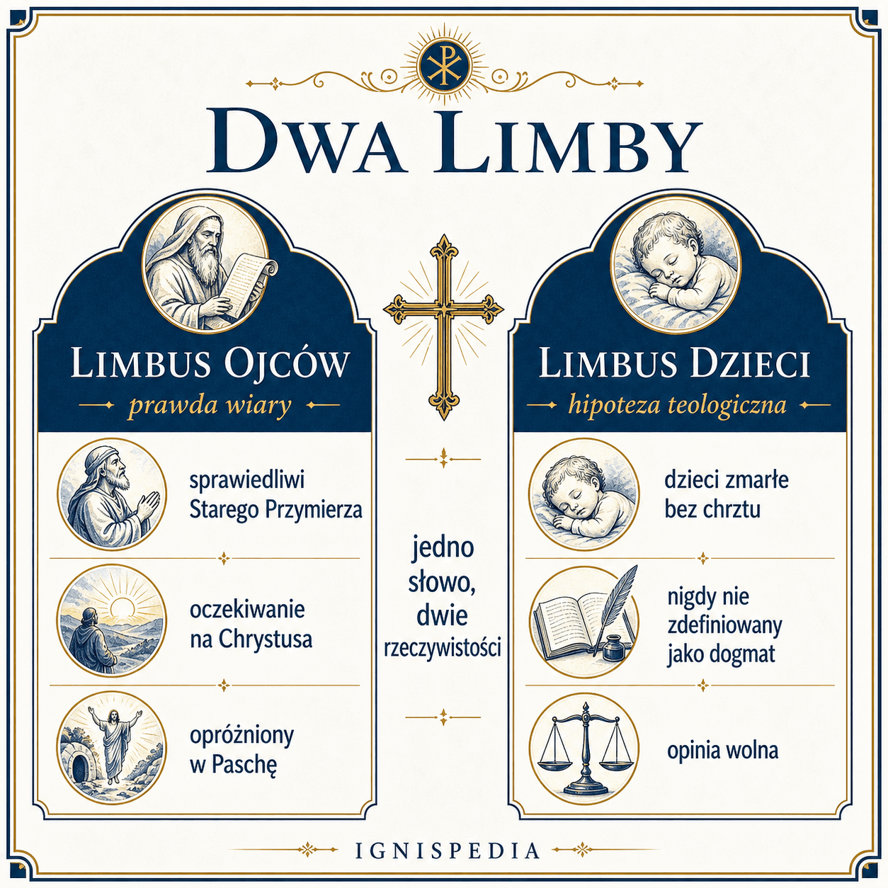 Infografika porównująca limbus Ojców (prawda wiary, opróżniony w Paschę) i limbus dzieci (hipoteza teologiczna nigdy niezdefiniowana)