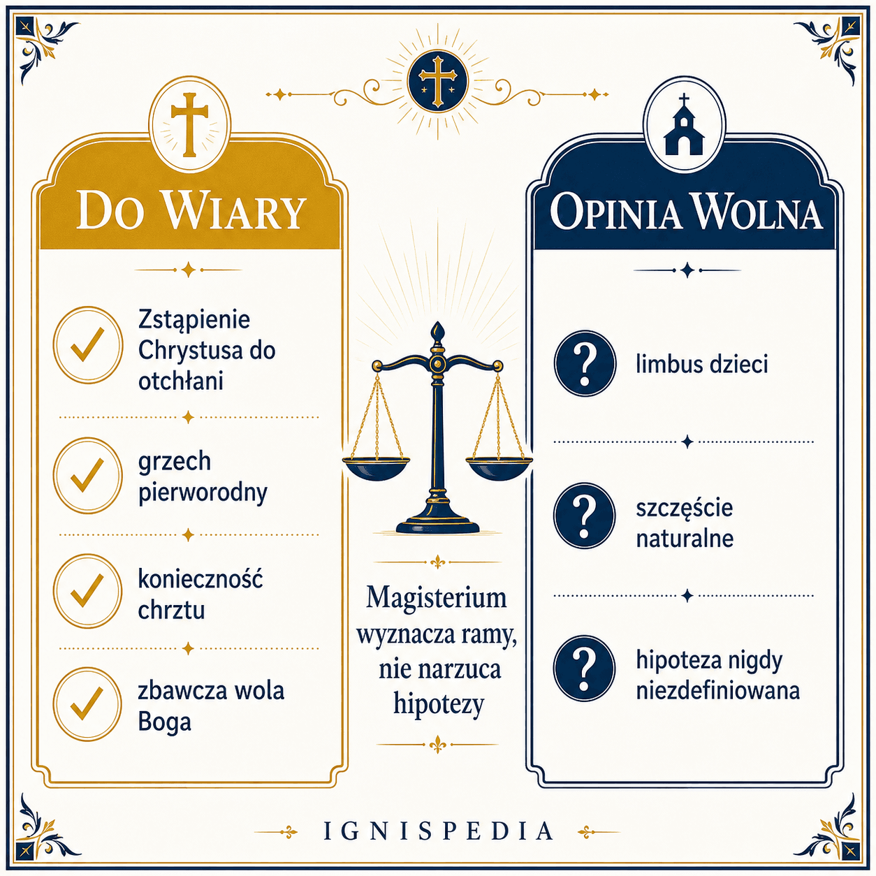 Infografika o statusie doktrynalnym limbusu: co należy do wiary (limbus Ojców, grzech pierworodny, konieczność chrztu) i co pozostaje wolne (limbus dzieci)