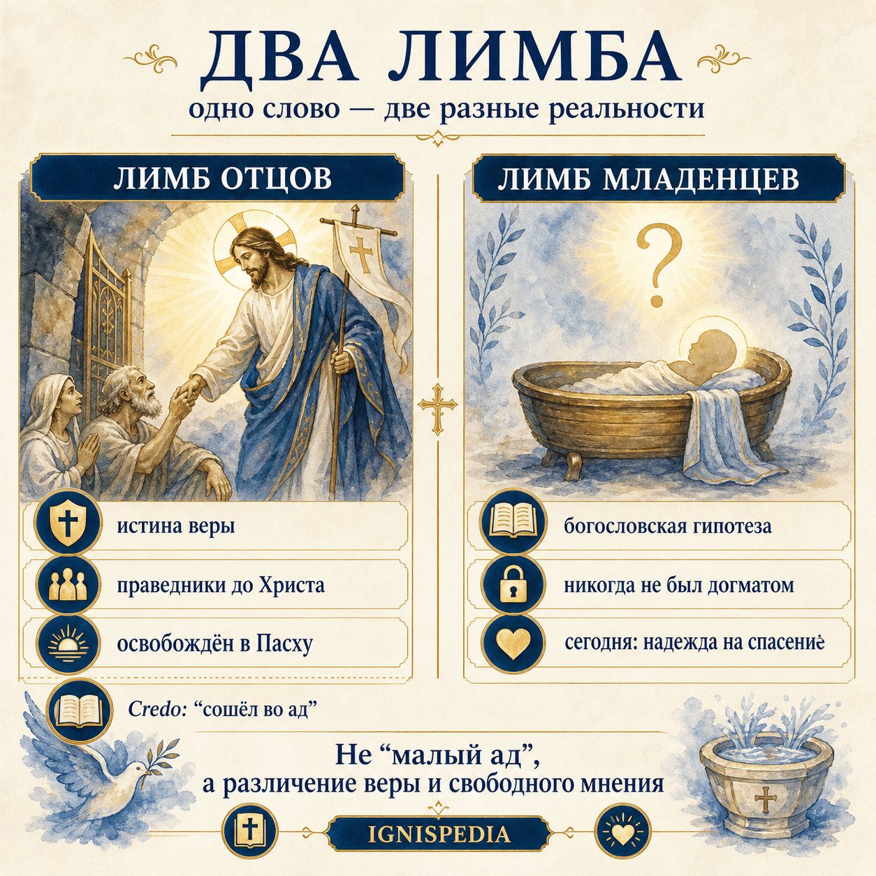 Инфографика сравнивает лимб отцов (истина веры, опустевший на Пасху) и лимб младенцев (богословская гипотеза, никогда не определённая)