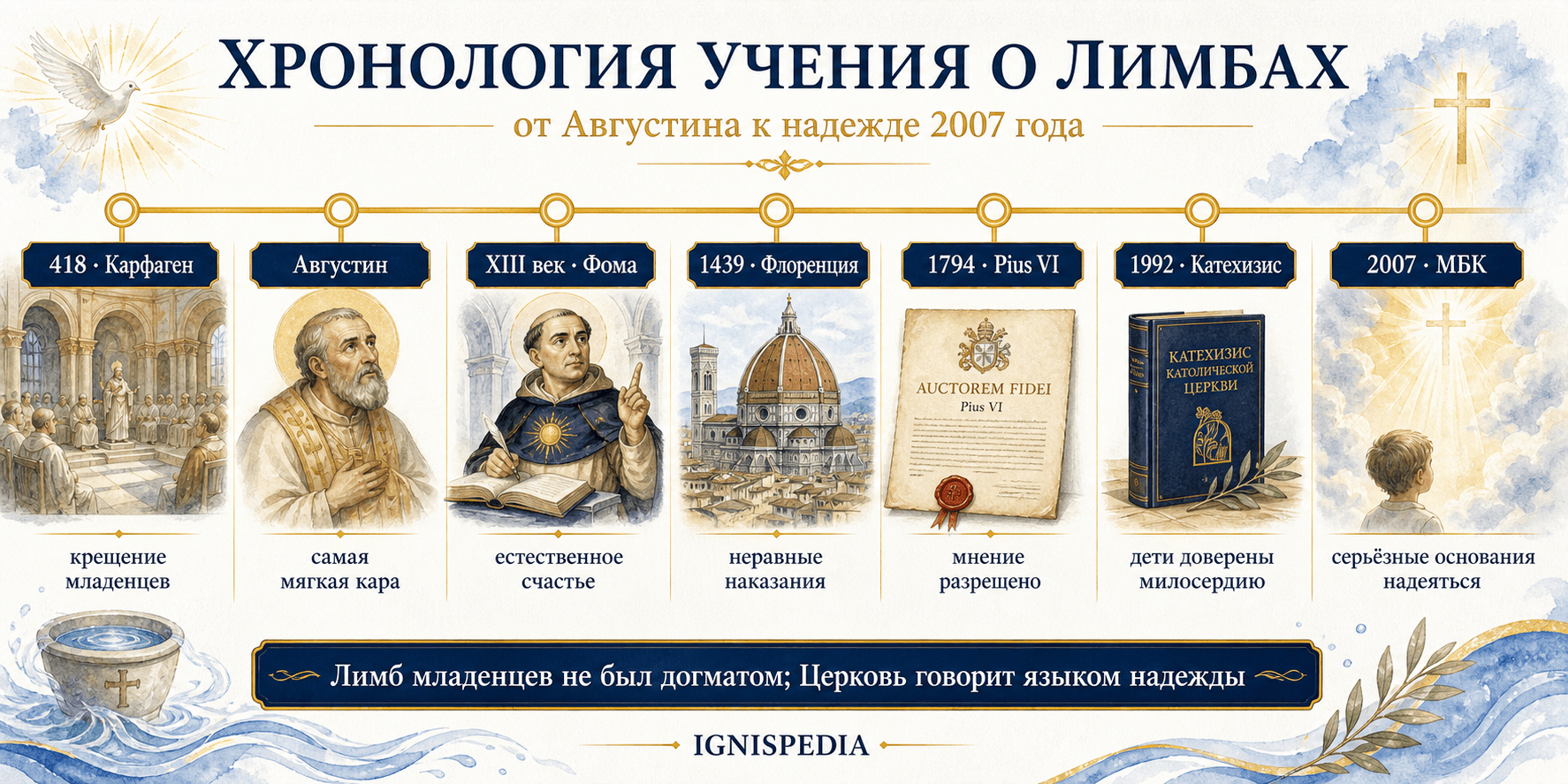 Хронология учения о лимбе: Пелагий, Августин, Карфаген 418, Фома Аквинский, Флоренция 1439, Пий VI 1794, Катехизис 1992, документ 2007 года